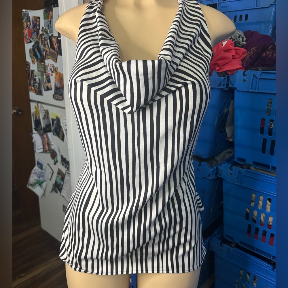 AnnTaylor 6 blue striped blouse with back bow babydoll fairy preppy old money